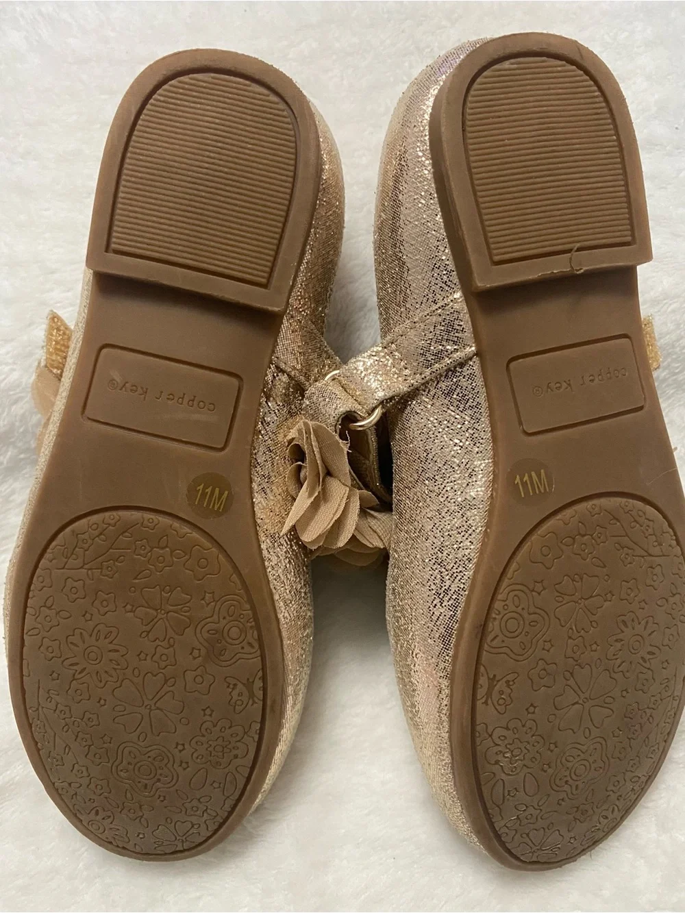 Copper Key Rose Gold Glitter Mary Jane Flats with Floral Strap